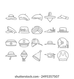 hat cap white head icons set vector. summer beach, panama female, straw mockup, woman man, clothes accessory hat cap white head black contour illustrations