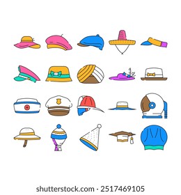 hat cap white head icons set vector. summer beach, panama female, straw mockup, woman man, clothes accessory hat cap white head color Contour Illustrations