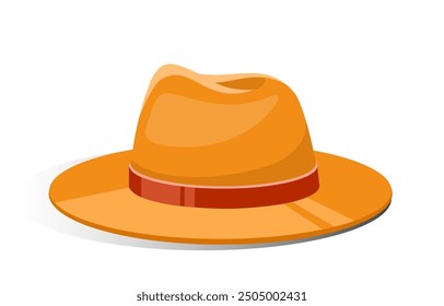 Hat and cap. Yellow panama for summer season and hot weather. Fashion, trend and style. Aesthetics and elegance. Poster or banner. Flat vector illustration isolated on white background