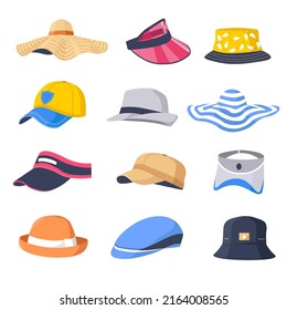 Hat and caps collection, fashionable clothes and accessories for men and women. Stylish sports wear and accessories, headwear with visor protecting from sun, panama with print. Vector in flat style