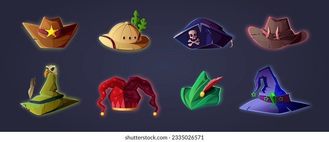 Caricatura de sombrero. Juego de iconos de sombreros, avatar de caracteres. Alguacil, safari, pirata, cazador, hechicero, bufón, arquero, mago. Diseño de juegos, RPG, fantasía, colorida colección vectorial de sombrero. Ilustración dibujada a mano.