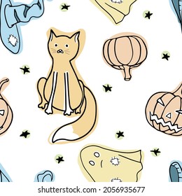 Hat, cat, pumpkin, ghost. Drawings for Halloween. Vector seamless pattern.