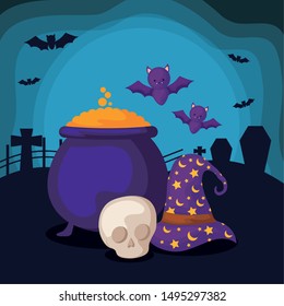 hat with cauldron of witch and icons halloween