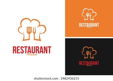 Hat chef with fork and spatula logo design for restaurant or BBQ. Vector illustration template idea