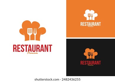 Hat chef with fork and spatula logo design for restaurant or BBQ. Vector illustration template idea