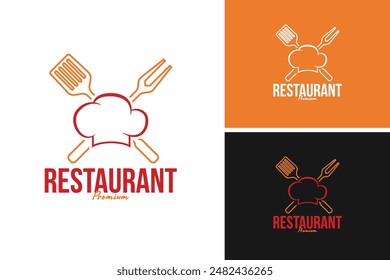 Hat chef with fork and spatula logo design for restaurant or BBQ. Vector illustration template idea