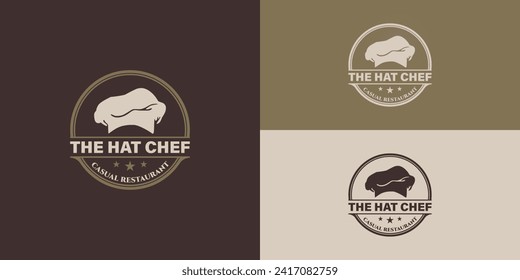 The hat chef symbol for Restaurant Cafe Bar Classic Vintage Logo design is presented with multiple background colors. The logo is suitable for food and restaurant logo design inspiration template