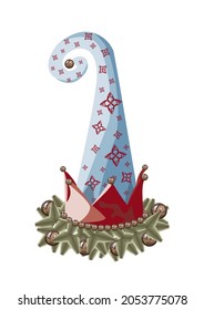 Hat of a Christmas elf gnome in Christmas tree decorations with an ornament and beads balls. Vector illustration.