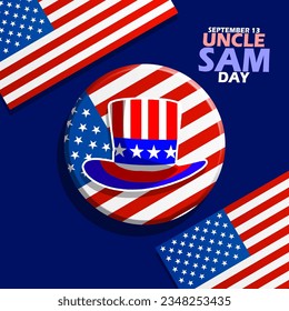 A hat in a circle frame featuring an American flag, with bold text on dark blue background to commemorate Uncle Sam Day on September 13