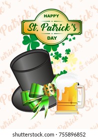 Hat, clover and beer. Happy St. Patrick's Day inscription. Happy Saint Patrick's Day greeting card.