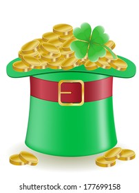 hat clover and coins St. Patrick`s day vector illustration isolated on white background