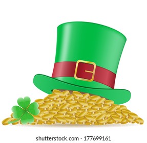 hat clover and coins St. Patrick`s day vector illustration isolated on white background