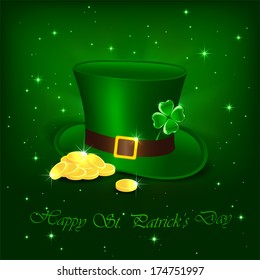 Hat with clover and leprechauns gold on green background, illustration.