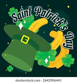 Hat with clovers and horseshoes. Vector illustration