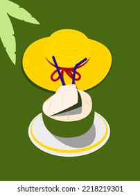 Hat and a coconut drink. Flat style. Vector illustration 