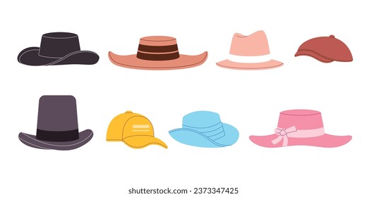 Hat collection set of flat illustration head dress fancy brim beret cowboy cap man woman flat illustration