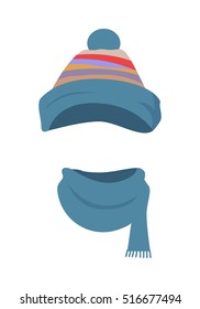 Sombrero. Ropa de cabeza a rayas en forma de triángulo y torcida alrededor de la bufanda con un extremo corto. Cama de invierno y bufanda acogedoras y elegantes sobre fondo blanco y diseño plano. Ilustración vectorial.