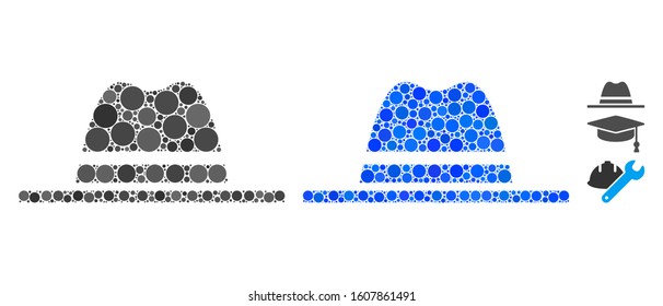 Hat composition of filled circles in different sizes and color tinges, based on hat icon. Vector filled circles are composed into blue composition. Dotted hat icon in usual and blue versions.