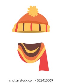 Hat. Contemporary soft orange knitted hat and bright scarf. Striped knitted scarf twisted on the right side with different coloured lines, yellow, brown. White background. Vector illustration