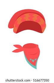 Hat. Contemporary warm red hat and scarf. Long red hat with some waves. Scarf with blue edges and hearts. Two kind of comfortable winter head wearings. White background. Vector illustration.