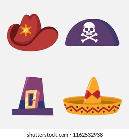 Hat of cowboy, sombrero, pirate and pilgrim vector cartoon flat set of headdresses isolated on white background.