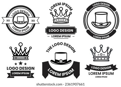 Hat and crown logo in flat line art style isolated on background
