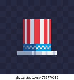 Hat cylinder with USA flag. Pixel art flat style. Symbol of Independence Day and President s Day. Uncle Sam's hat. 4th july concept.  Sticker design. Isolated vector illustration.