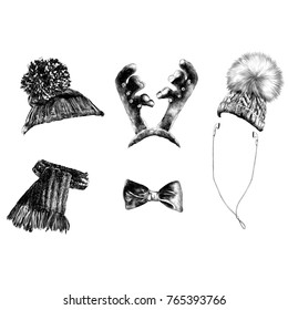 hat deer antler scarf headphones Christmas set sketch vector graphics monochrome black-and-white drawing