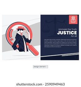 A hat detective uncovering the truth, a magnifying glass and justice icon in a minimalist flat-color design, perfect for justice campaigns, legal aid, movie posters, mystery events, and UI app landing