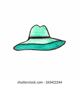 Hat. Doodle green hat on the white background. Fashion and hobby. Vector illustration. Hand-drawn decorative element. Real watercolor drawing