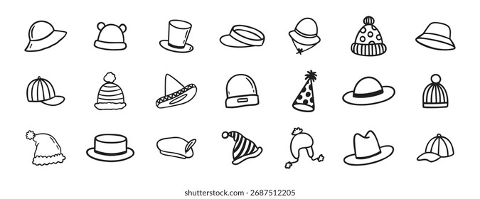 hat doodle hand drawn icon set. Outline drawing hats line clipart symbol collection. Vector illustration