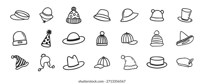 hat doodle hand drawn icon set. Outline drawing hats line clipart symbol collection. Vector illustration