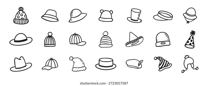 chapéu doodle conjunto de ícone desenhado à mão. Coleção de símbolos de clipart de linha de chapéus de desenho de contorno. Ilustração vetorial