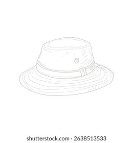 A hat is drawn in black and white. The hat is a straw hat with a brim