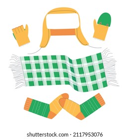 Sombrero con alerones, mitones y una bufanda caliente. Conjunto cálido de accesorios para invierno. Calcetines de punto. Ilustración vectorial plana