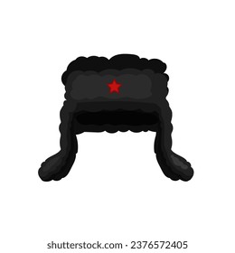 Hat with earflaps with red star. Soviet headdress made of warm fur to protect against cold with vintage traditional vector design