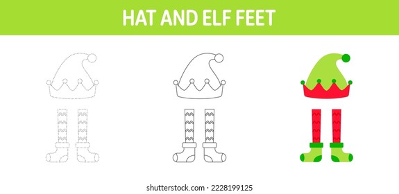 Hat And Elf Feet tracing and coloring worksheet for kids