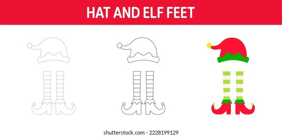 Hat And Elf Feet tracing and coloring worksheet for kids