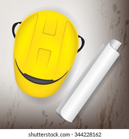  hat for engineers and paper drawing roll vector illustration