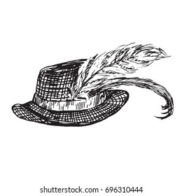 Hat With Fancy Feathers, Hand Drawn Doodle, Sketch In Woodcut Style, Black And White Vector Illustration