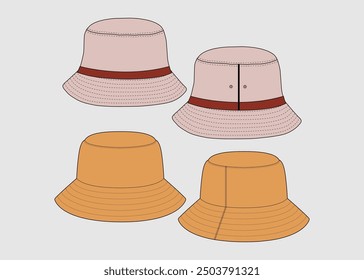 Hat Fashion Flat Sketch Technical Drawing Vector Illustration Hat Template Vector Illustration Front Back View Bucket Hat CAD Mock-up Bucket Hat Flat Sketch Fashion Illustration