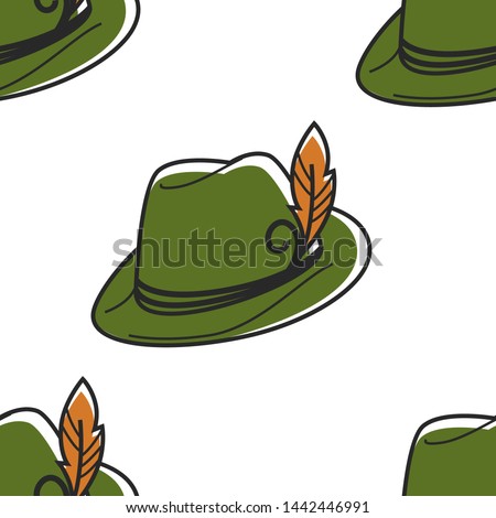 Hat with feather Austrian symbol seamless pattern vector Austria traditional headdress national costume element endless texture traveling and tourism robin hood headdress wallpaper print garment