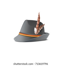 Hat with feather decorated by three ribbons symbol of German flag vector illustration isolated on white. Headwear on Oktoberfest festival