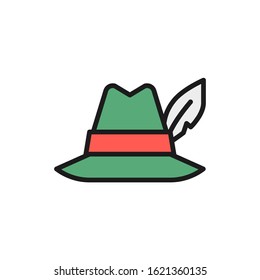 Hat with feather, hunter headdress flat color line icon.