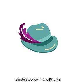 Hat with feather isolated on white background. Flat style vector illustration.