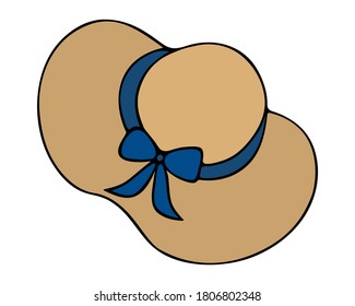 The hat is female. Colored vector illustration. Isolated white background. Straw headdress with a bow. Sunstroke protection. Beach napper. Cartoon style. Stylish accessory. Vacation mood. Web design.
