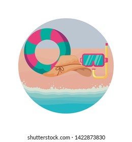 hat female with float and snorkel in beach