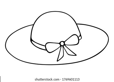 The hat is female. Vector illustration. Outline on an isolated white background. Sketch. Straw hat with bow. Sun protection. Beachfront napper. Doodle style. Vacation mood. Coloring. 