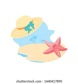 hat female wicker in the beach with starfish