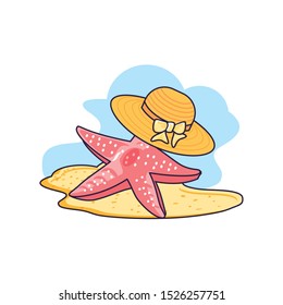 hat female wicker in the beach with starfish vector illustration design